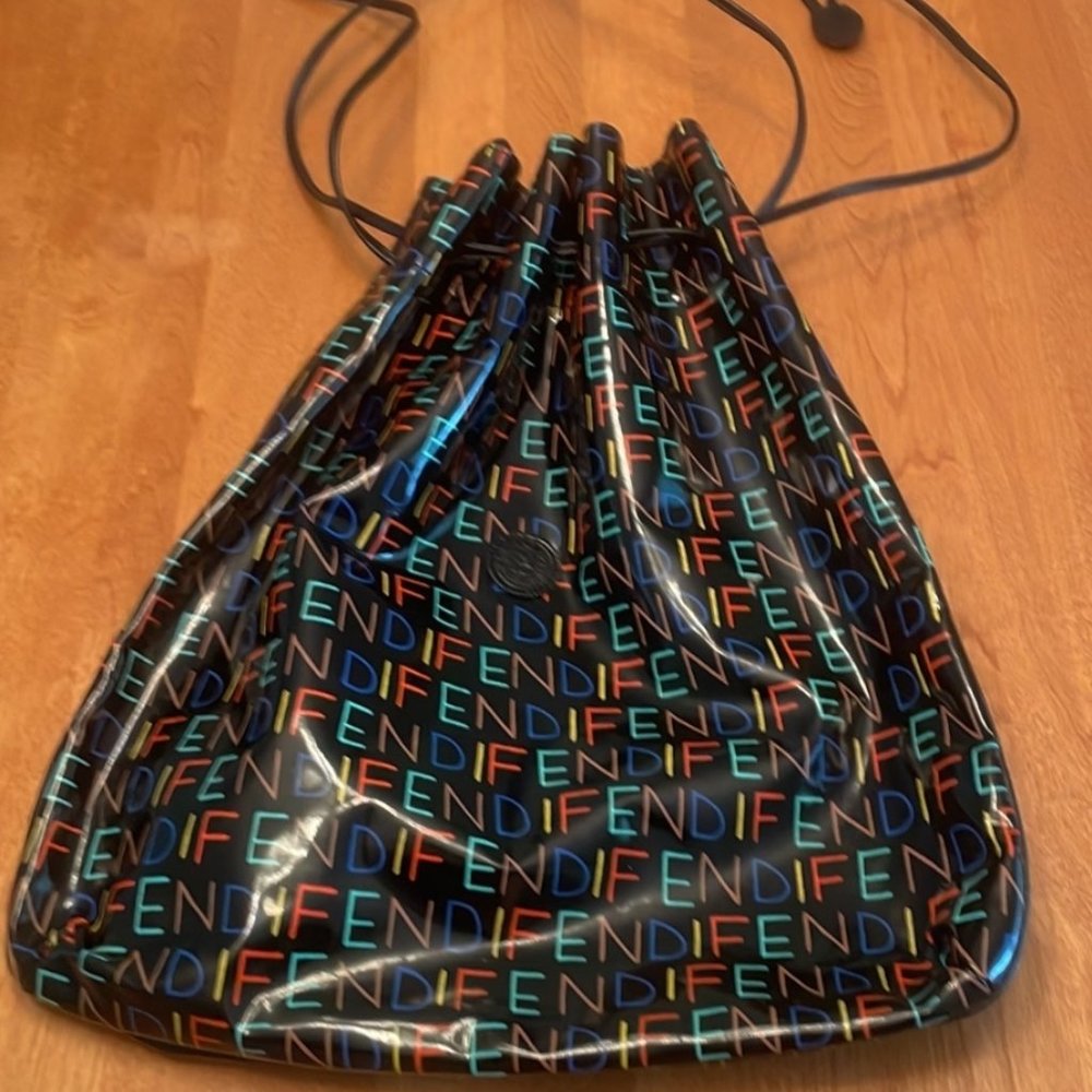 FENDI - Round Logo multicolor Patent Drawstring Bag